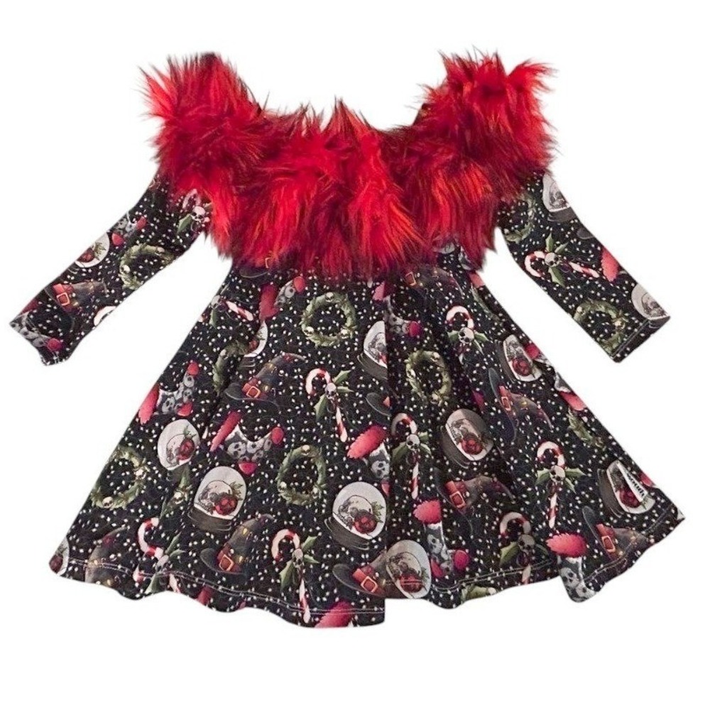 Kids Spooky Christmas Skull Print Dress Red Faux Fur Collar 3T Goth Rocker Girl